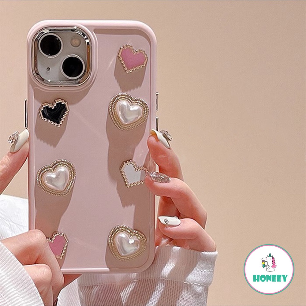 Korea Pink 3D Love Heart Pearls Phone Case Kompatibel Untuk iPhone 14 Pro Max13 12 /12pro 11 Pro Max Shockproof Pelindung Penutup Belakang