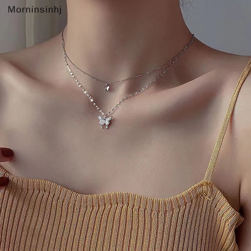 Mornin Fashion Shiny Butterfly Necklace Ladies Indah Rantai Klavikula Lapisan Ganda Keren Rantai Leher Untuk Wanita Perhiasan Hadiah id