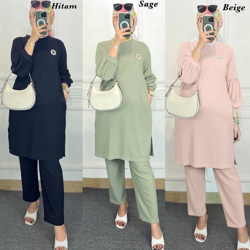 Amara Set - One Set Wanita Tunik Knit Premium Setelan Wanita Lengan Balon Set Tunik Celana Kekinian LD 110 cm