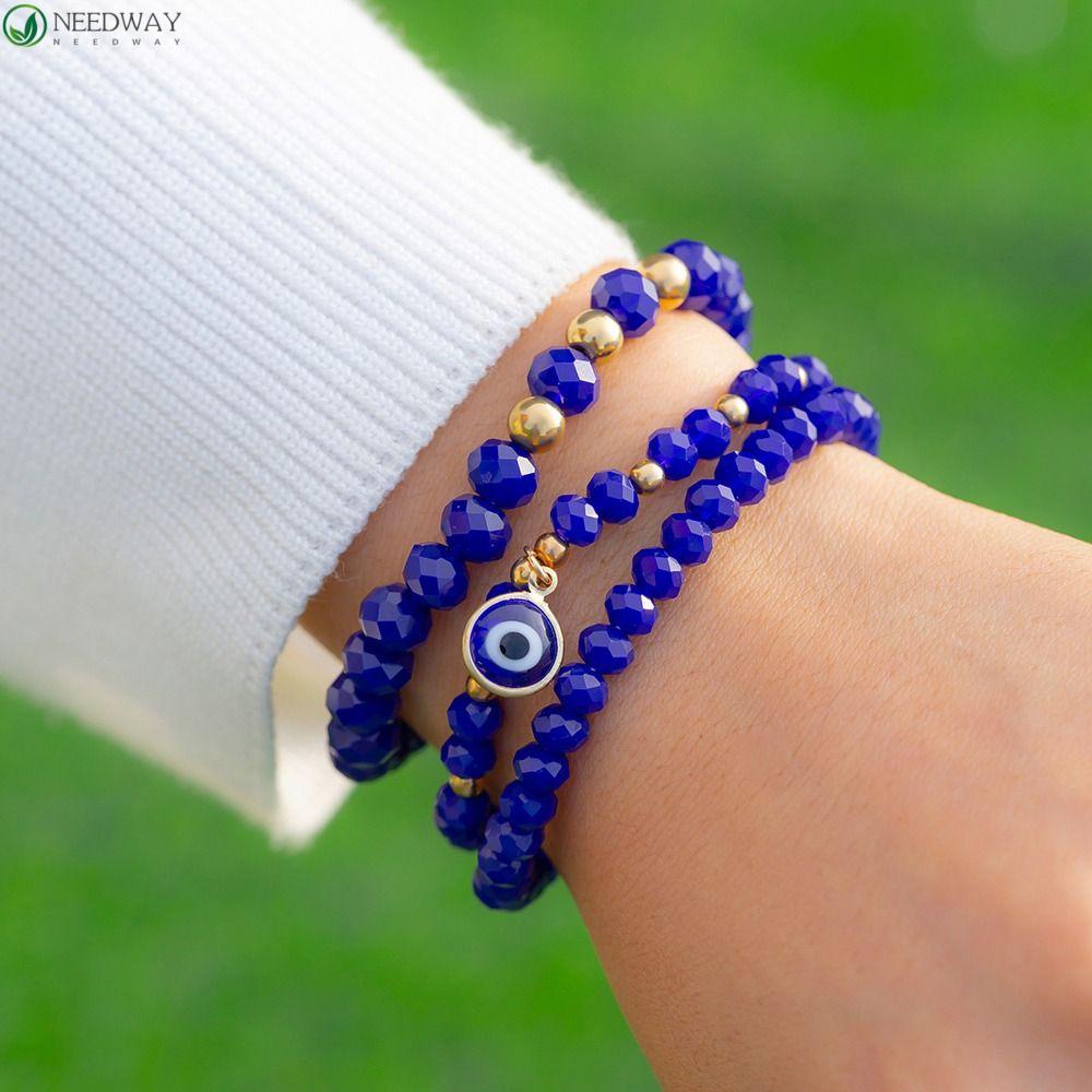 NEEDWAY Gelang Wanita Lucu Turki Trendi Pasangan Akrilik Mata Setan Braided Bracelet