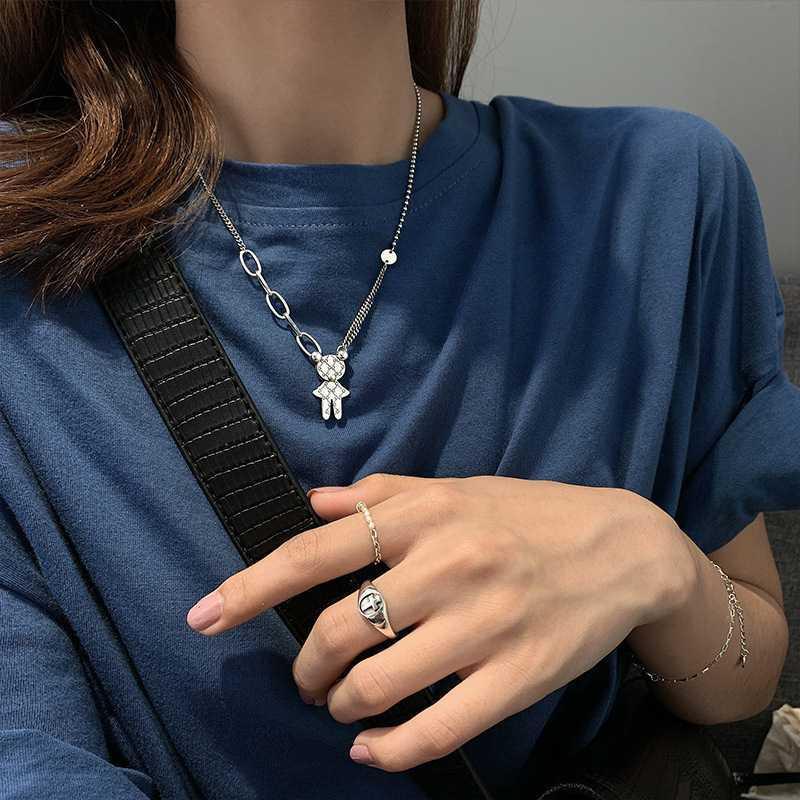 S925 All-Match Bear Kalung Perempuan Rantai Klavikula Liontin Thai Silver Retro Lucu Sederhana Murah Hati Influencer