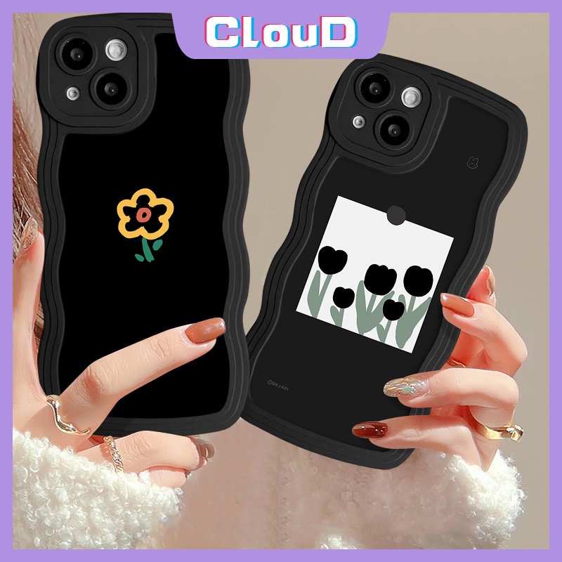 IPHONE Cover Kompatibel Untuk Iphone13 11 14 12 Pro Max XR X7 6s 8 6 14 Plus XS Max SE 2020 7Plus Fashion Lembut Tpu Art Simple Bunga Tulip Vintage Flower Lembut Bergelombang Tepi Belakang Ponsel Cover