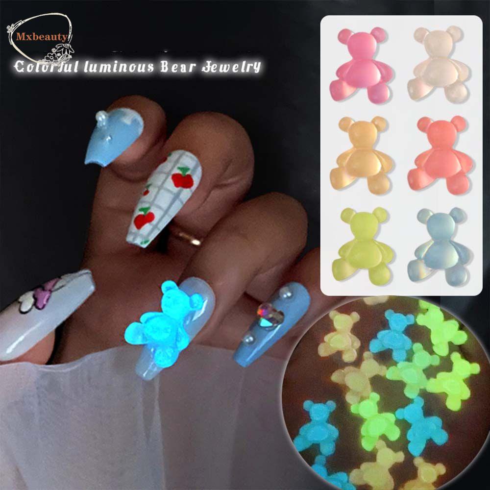 MXBEAUTY Beruang Dekorasi Kuku 3D Lucu DIY Manicure Resin Luminous Nail Charms