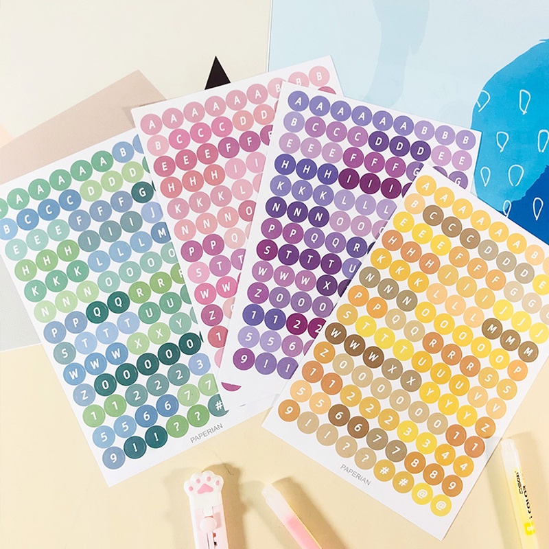 4lembar Stiker Angka Alfabet Warna Permen Lucu Scrapbook Deco DIY Colorful Round Dot Letter Stickers