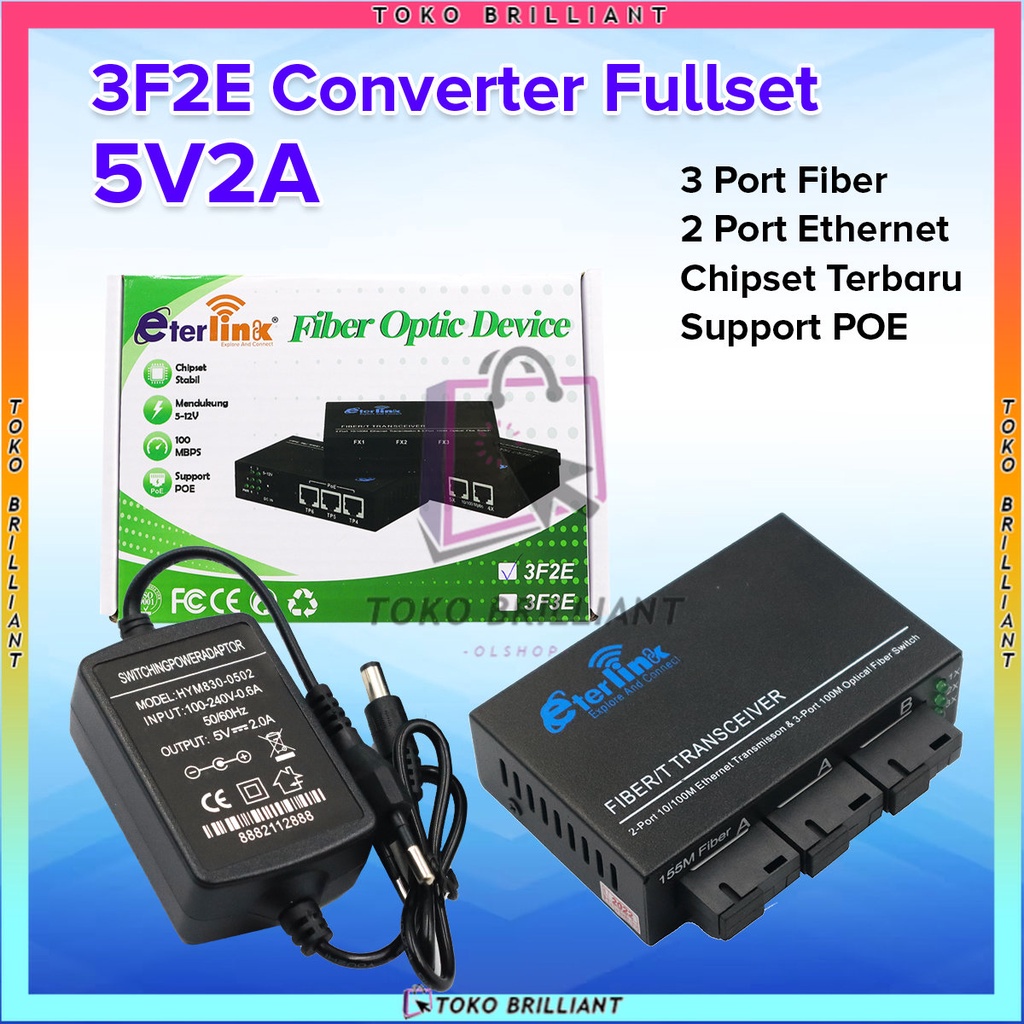 【SupportPOE】3F2E  Fiber Optik Media Converter Single Mode  2 Rj45 Dan 3 Sc Port 10/100Mbps 5V-12V Power Input [BISA COD]