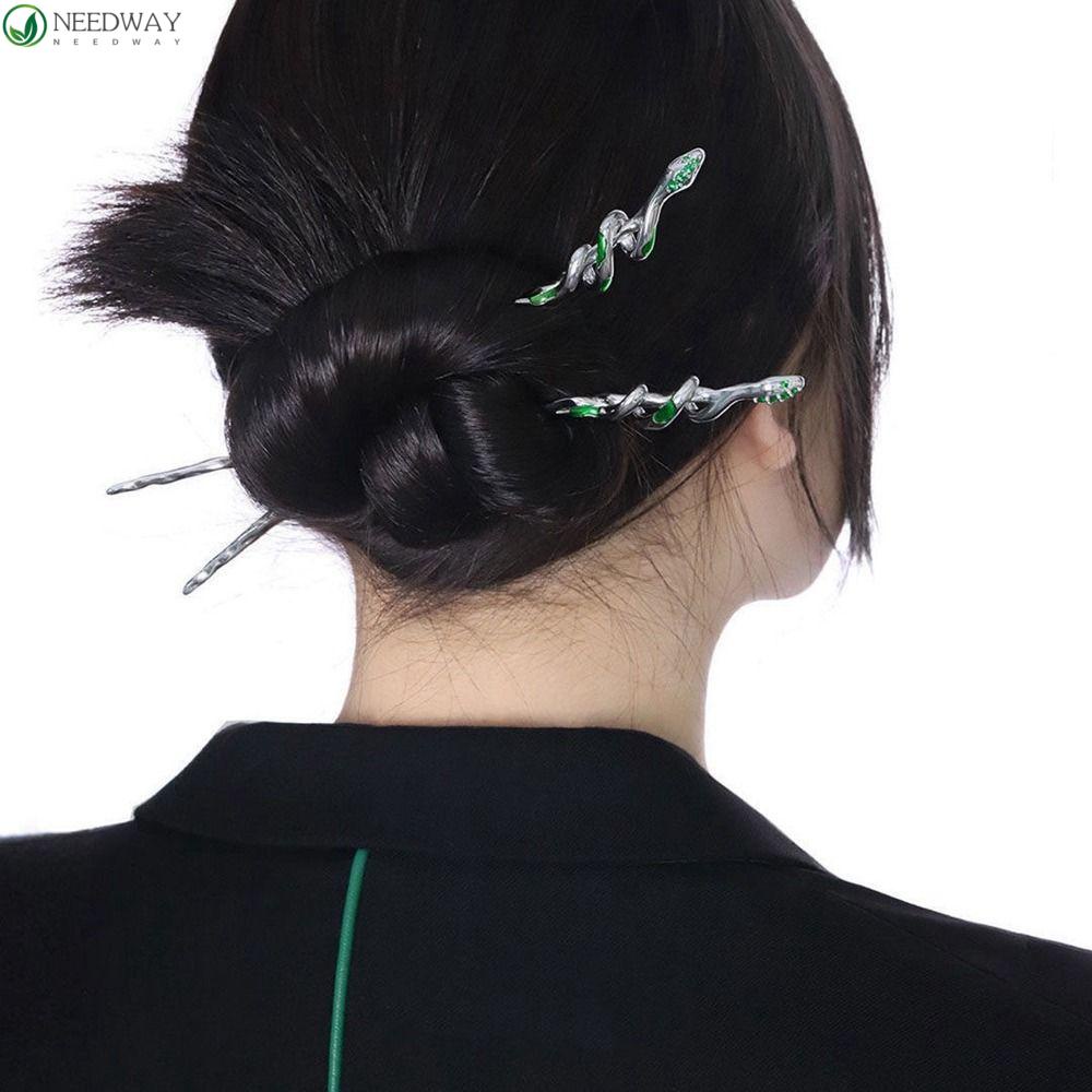 NEEDWAY Needway Logam Ular Jepit Rambut Antik Retro Cheongsam Kuno Hiasan Kepala Gaya Rambut Desain Alat Hijau Gaya Cina Hiasan Kepala