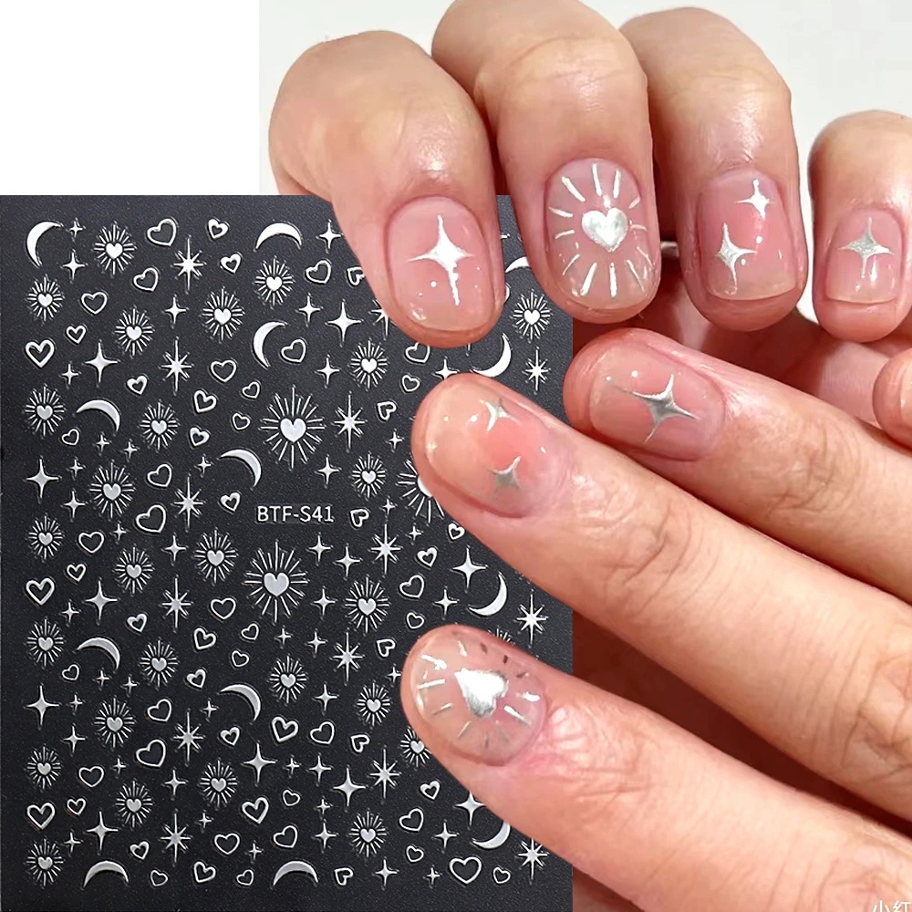 [Fitur] 1pc Self-Adhesive 3D Cinta Kuku Decals/Ins Sepuhan Stiker Kuku Bulan Bintang/Emas Perak Manicure Decor/DIY Nail Art/Aksesoris Kuku/Alat Kuku Perempuan