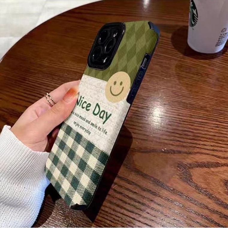 【Lamb Skin】SoftCase for IPhone 6S 7 Plus 8 Plus X XS XR XS Max 11 13 12 14 PRO Max 14 Plus 12 13 MINI Phone Case Pretty Green Smile Nice Day casing hp iphone xr