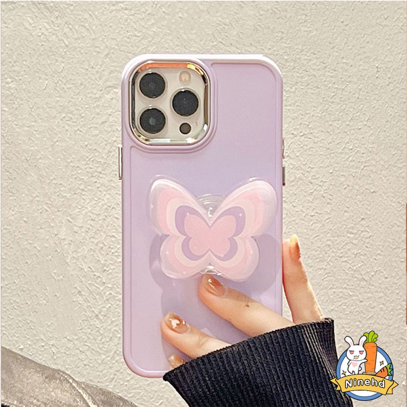 IPHONE Bingkai Plating Canggih Warna Solid Phone Case Purple Butterfly Phone Holder Kompatibel Untuk Iphone14 13 12 11 Pro Max X Xr Xs Max8 7 6 6s Plus SE Tahan Jatuh Cover Pelindung