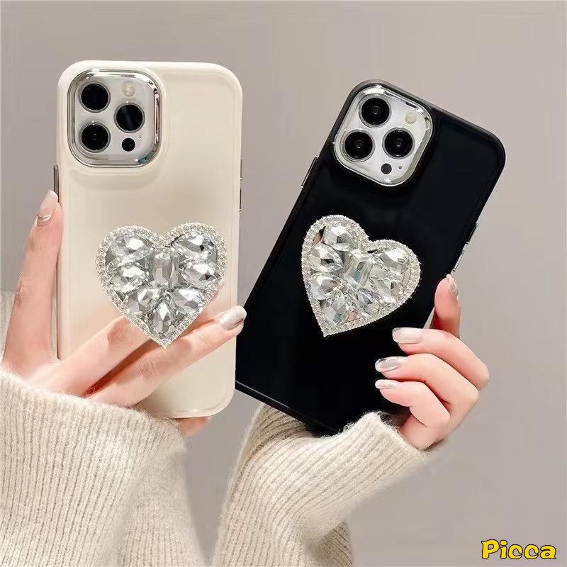 IPHONE 3d Berlian Cinta Hati Phone Holder Macaron Color Phone Case Kompatibel Untuk Iphone11 13 14 12 Pro MAX 7plus X XR 7 8 Plus XS MAX Holder Bracket Pelindung Soft Cover