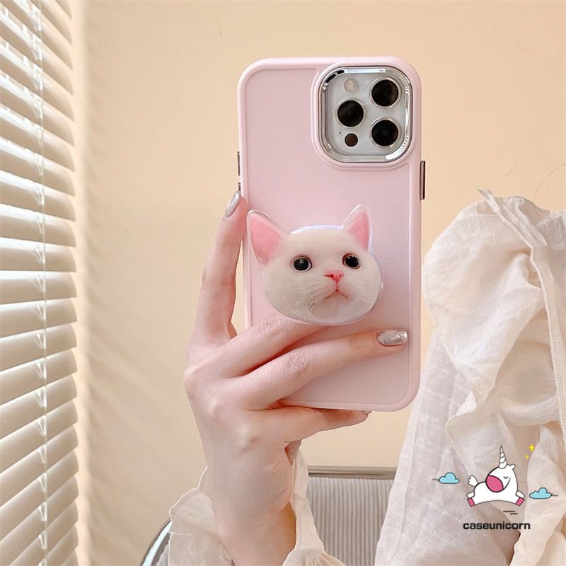 Cute Kitty Cat Bracket Mewah Plating Case Kompatibel Untuk IPhone 7plus 13 11 12 14 Pro MAX X XR 7 8 Plus XS MAX Sederhana Warna Solid Frame Lensa Metal Phone Cover Dengan Holder Bracket