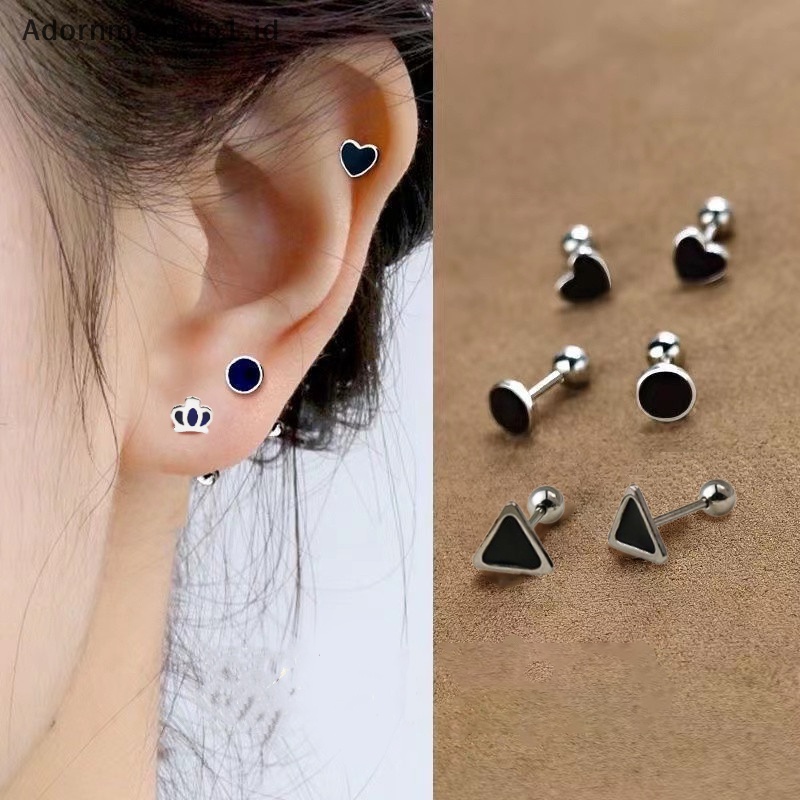 [AdornmentNo1] Perak hitam hati bintang bulat kecil anting tusuk untuk wanita Ear Studs Jewelry