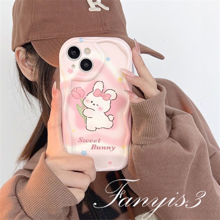 Realme C53 C55 C35 C33 C30 C30s C25Y C21Y C3 C25 C25s C20 C20A C11 C15 8i 9i 5 5i 5s 6i Narzo 50i 50A Prime Cartoon Rabbit Pattern Wavy Curved Edge Phone Case TPU Soft Cover