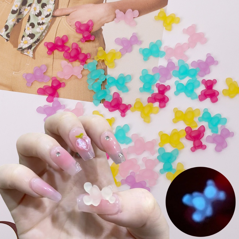 [Harga Grosir] Glow In The Dark Kawaii Bear Nail Art Dekorasi/3D Candy Bear Luminous Nail Art Rhinestone/Hiasan Hias Kuku Bercahaya/Manicure Decor DIY Aksesoris