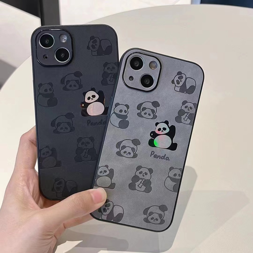 【Gradient Laser】So Cute China Panda Soft Bumper Hard Case IPhone 11 12 13 14 Pro Max Camera Protect for Girl Women Man Men's Fashion Gift Black Gray Cartoon Phone Case