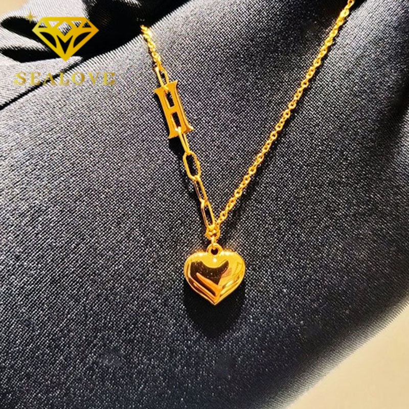 Kalung Titanium Huruf H Hati Cantik Aesthetic Korea Emas 18K Aksesoris Wanita Perhiasan Fashion