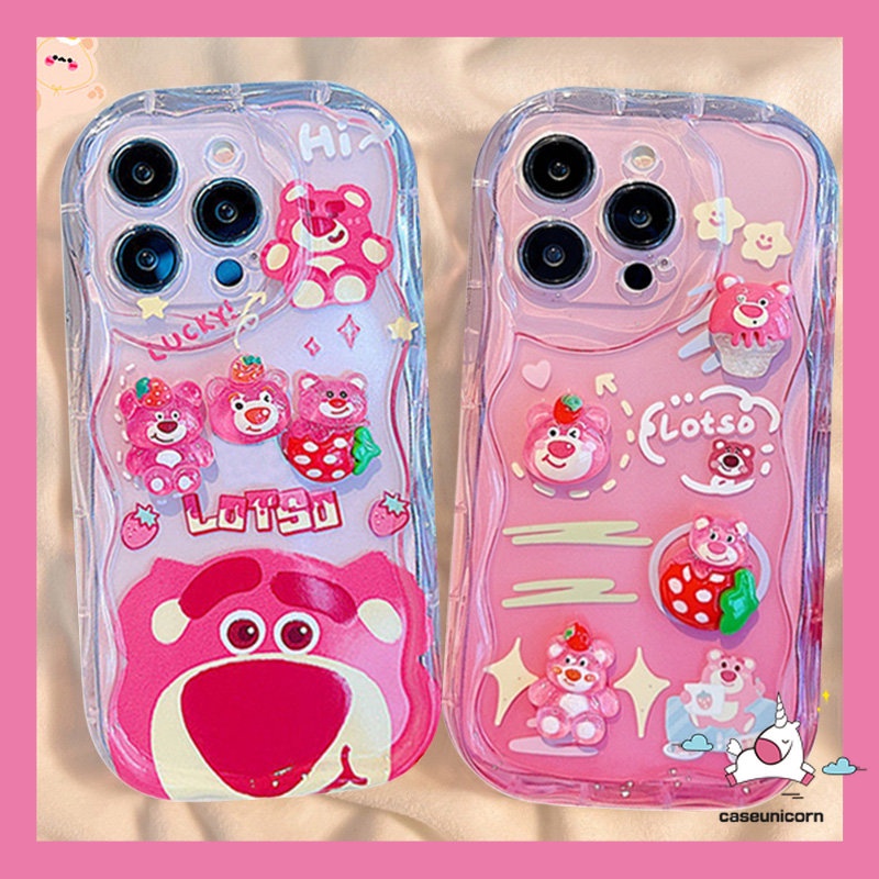 Casing Ponsel Boneka Sterik Kartun 3D DIY Kompatibel Untuk iPhone X XR 14 11 13 12 11 Pro Max6 6s 7 8 Plus XS Max SE Cute Strawberry Bear Manyo Doodle 3D Wavy Curved Edge Soft Tpu Cover