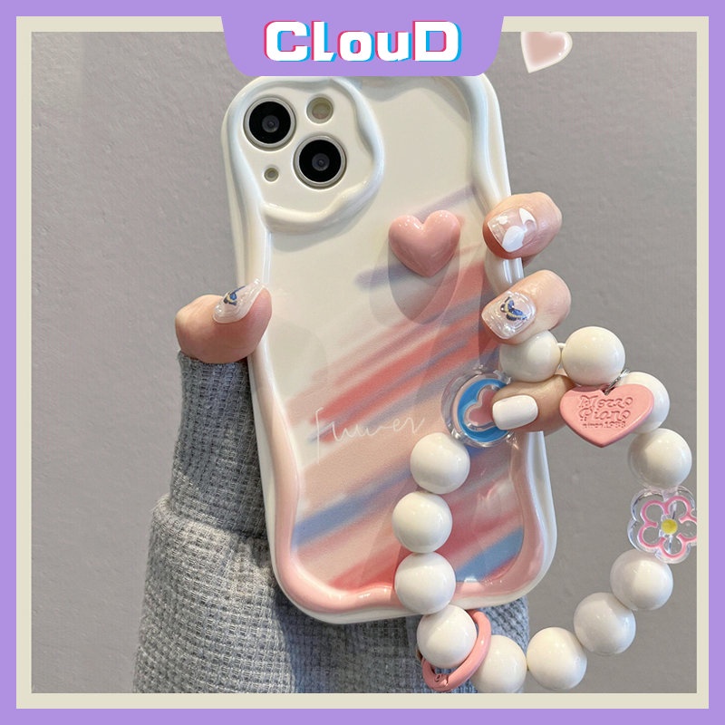 Case Tepi Melengkung Bergelombang Stereo 3D Kompatibel Untuk IPhone 7Plus XR X8 6 7 6s Plus XS Max SE 2020 11 13 14 12 Pro Max Love Heart Hand Strap Gelang Watercolor Graffiti Rainbow Cover