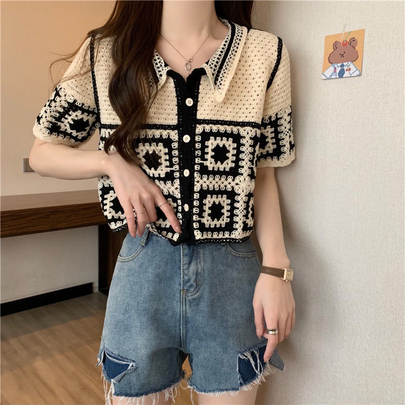 Cardigan Rajut Wanita Kerawang Retro Untuk Cutout Lengan Pendek Outer