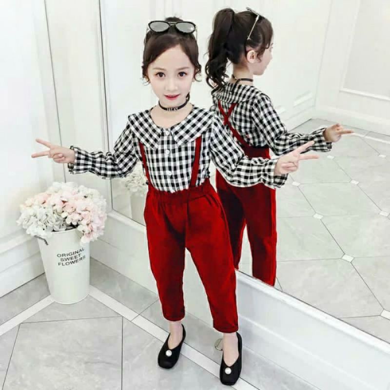 Set Kid Kemeja Jumper Anak Cewek Perempuan Kotak Kotak Bahan Katun Umur 4 5 6 Tahun