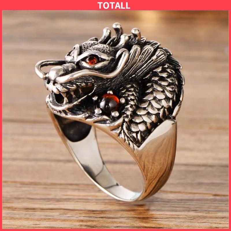 COD Berlapis Perak Perhiasan Pribadi Kepala Naga Bertatahkan Cincin Zirkonia Vintage Cincin Naga-Totall