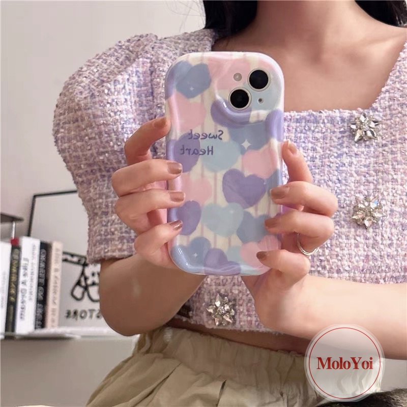 IPHONE Ins Lukisan Cat Minyak Cinta Hati Casing Kompatibel Untuk Iphone11 13 12 14 Pro Max XR 7plus 6s 6 7 8 Plus X XS Max SE 2020 Tpu Lembut Shockproof Airbag Glossy 3D Wavy Curved Edge Case