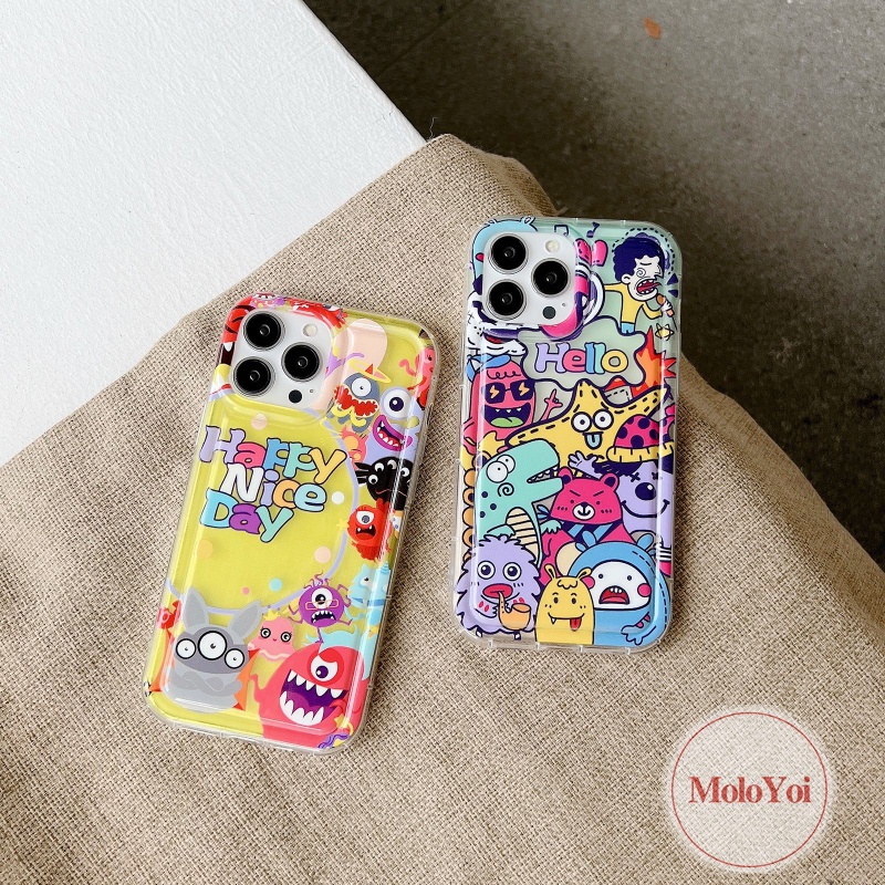 IPHONE Casing Ponsel Kartun Kompatibel Untuk Iphone14 11 13 12 Pro MAX XR 7Plus X XS MAX 6 7 8 6S Plus SE 2020 Cute Little Monster Airbag Shockproof Soft TPU Cover