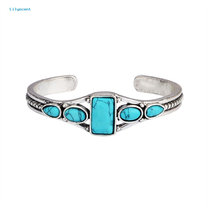 Lilyscent Hollow Out Retro Bangle Untuk Perjamuan Batu Biru Alami Retro Bangle Elegan