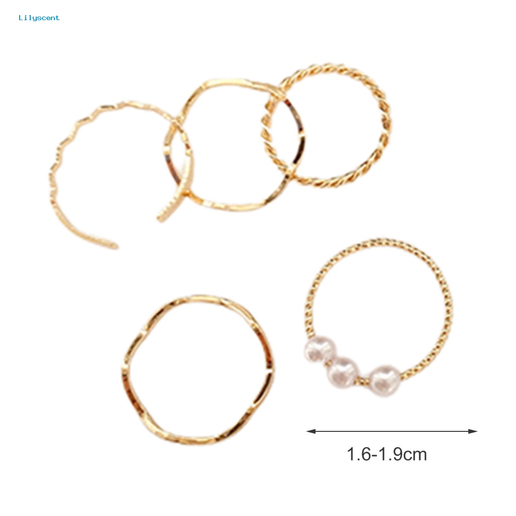 Lilyscent 5Pcs Temperamen Chic Cincin Perhiasan Hadiah Mutiara Imitasi Bentuk Melengkung Rings Set Wavy