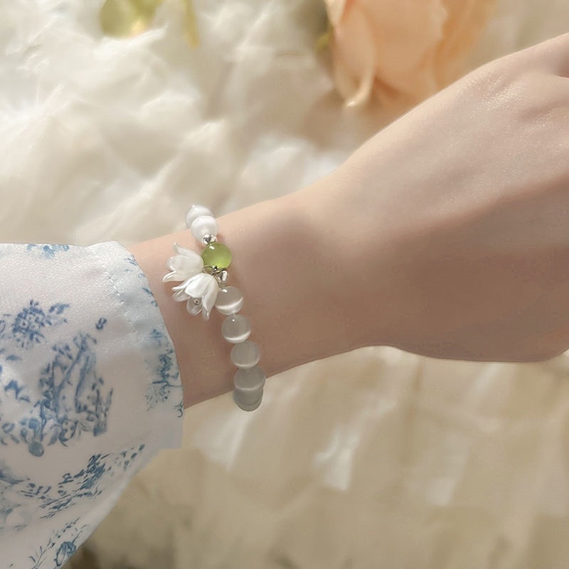 Korea Vintage Lily of The Valley Bunga Manik-Manik Gelang Wanita Sederhana Opal Bangle