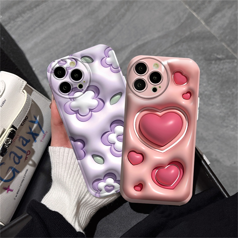 Samsung A14 A13 A03S A04S A04e A03 A12 A21S A10 A50 A30S A20 A10S A52 A11 J6 Plus J7 Prime J7 Pro 3D Vision Cute Pink Love Heart Purple Flowers Bantal Angin Anti Guncangan Soft Case BY