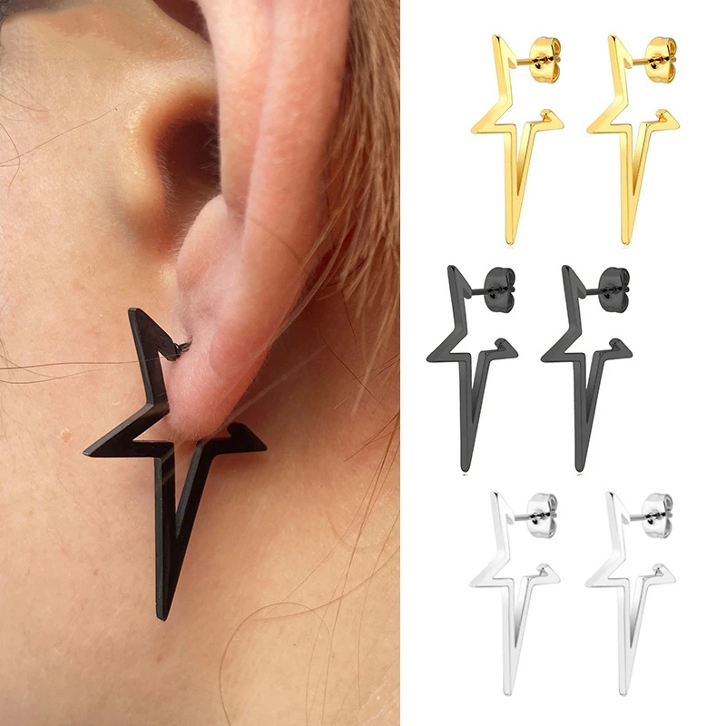 Punk Kerawang Stud Earrings Trendi Drop Earrings Stainless Steel Geometris Pentagram Anting Jalan Hip Hop Korea INS Gothic Berlebihan Bintang Besar Stud Earrings Wanita Gadis Pesta