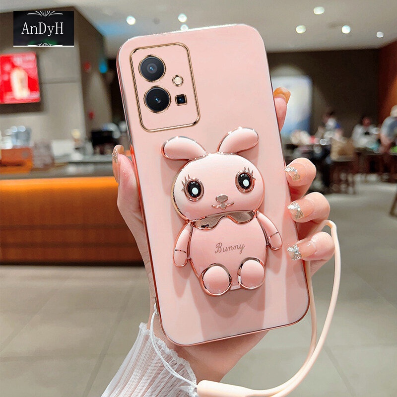 Andyh Case Ponsel Untuk Vivo Y75 5G Y33S 5G T1 5G IQOO Z6 5G Kartun Lucu Kelinci Kecil Tepi Lurus Soft Shell Mengirim lanyard Silikon