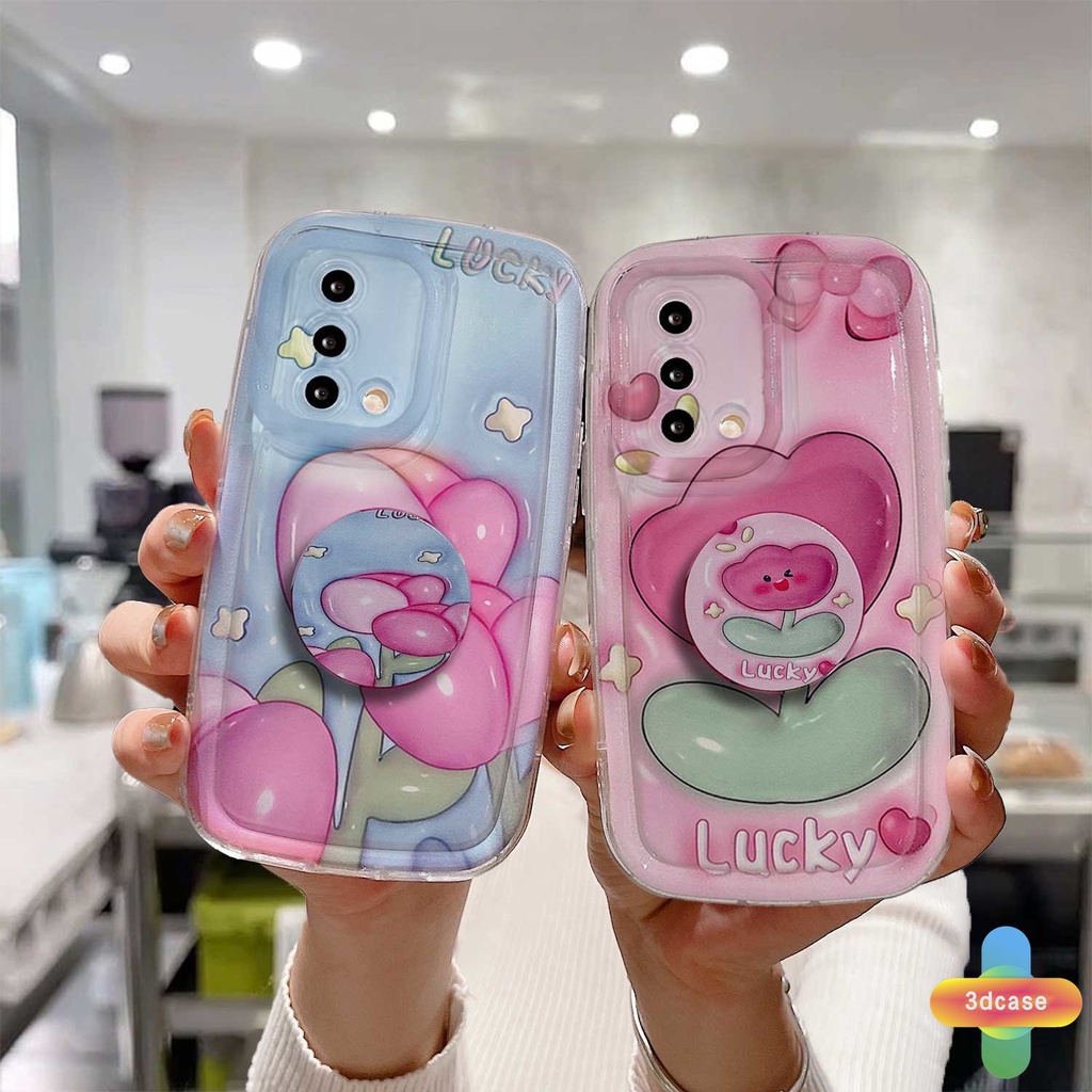 Casing OPPO A17 A17K A16 A95 A57 A16S A77 A57S A57E A55 A7 A15 A54 A5S A3S A76 A96 A5 A9 A31 A53 A33 2020 A77S A12 A12S A1K A16E A16K A54S Reno 7 7Z 8Z 5 4 6 8 5F 5K 4F 4 5 06 Lite A74 A15S A52 Ins Pink Tulip Camera Lens Protection Soap Case With Stand