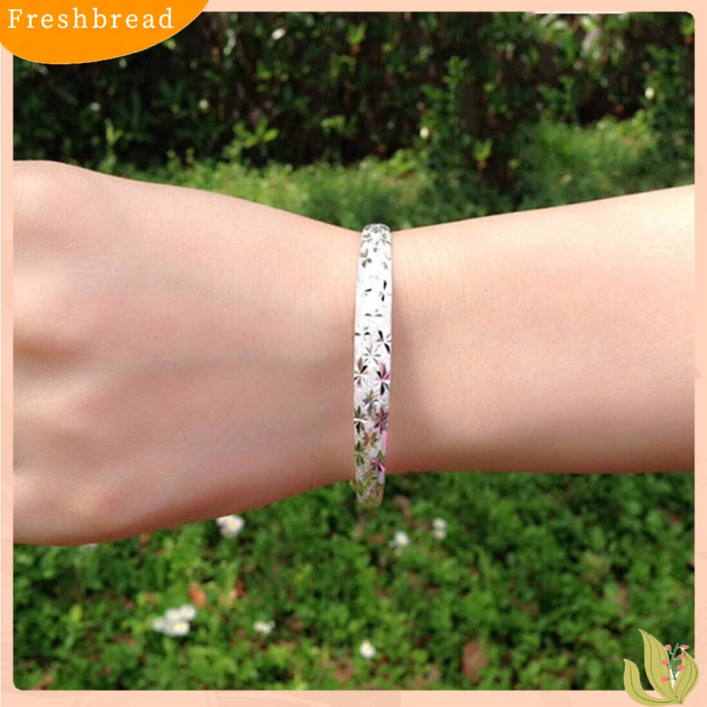 &lt; Freshbread &gt; Perak Berlapis Bunga Ukir Bangle Gelang Adjustable Wanita Fashion Perhiasan