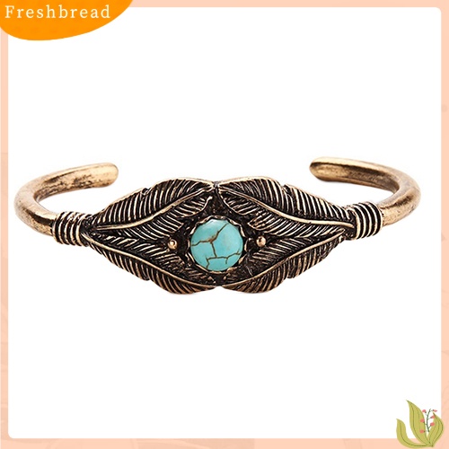 &lt; Freshbread &gt; Retro Wanita Manik Daun Bulu Alloy Ujung Terbuka Manset Bangle Boho Perhiasan Etnik