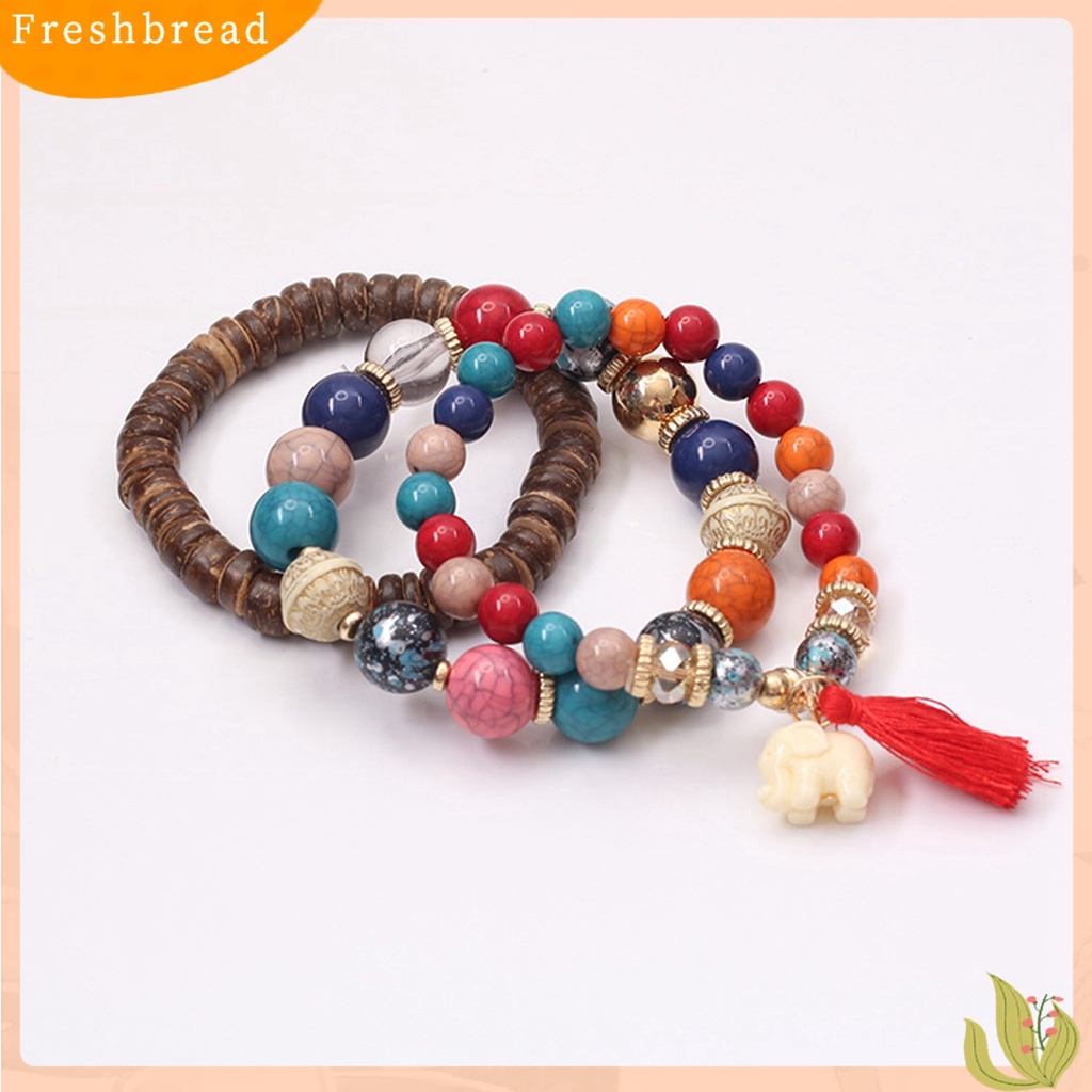 &lt; Freshbread &gt; 3Pcs Manik-Manik Kayu Rumbai Kombinasi Resin Gelang Hadiah Perhiasan Aksesoris