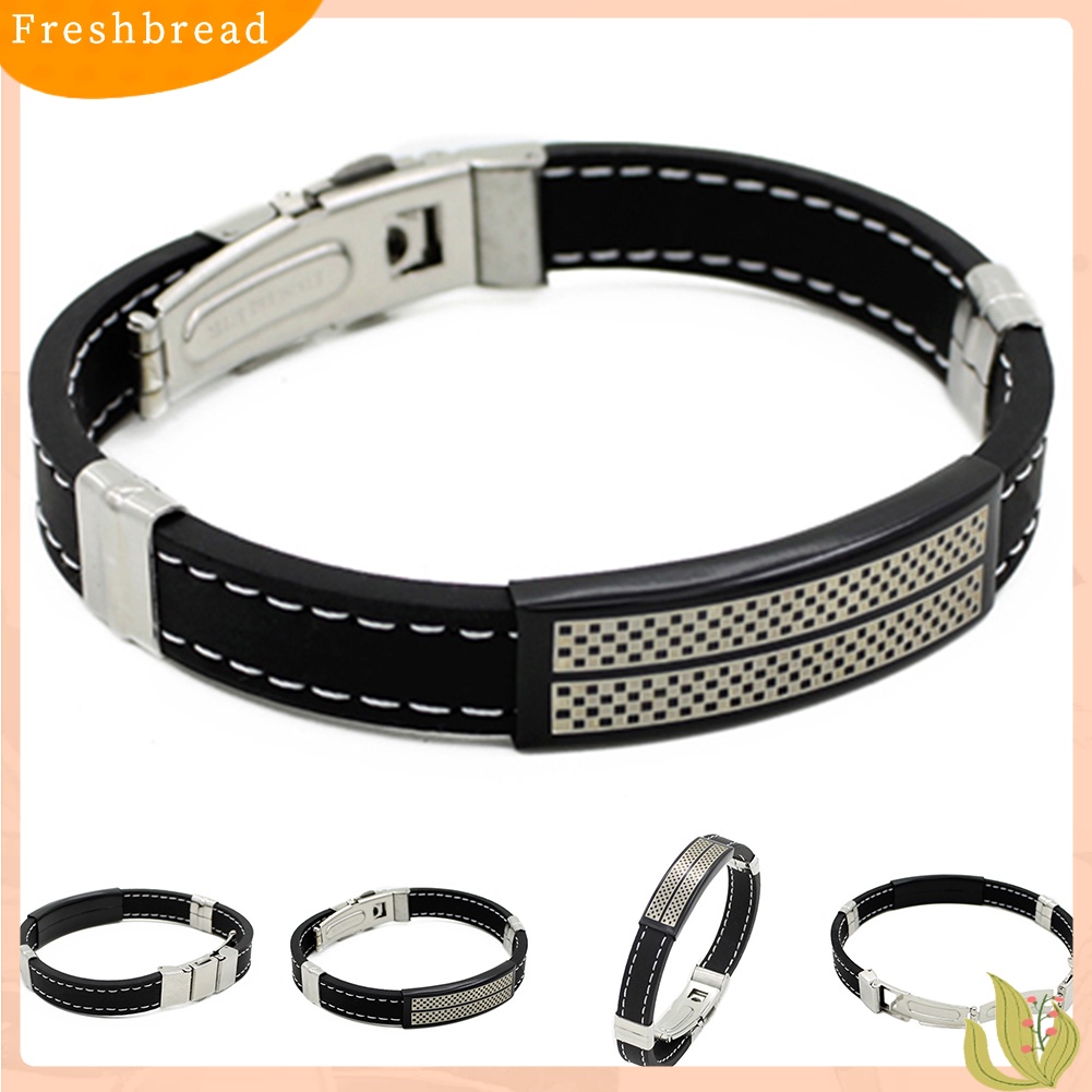 &lt; Freshbread &gt; Pria Cowok Keren Stainless Steel Gesper Karet Gelang Cuff Gelang Bangle Bracelet