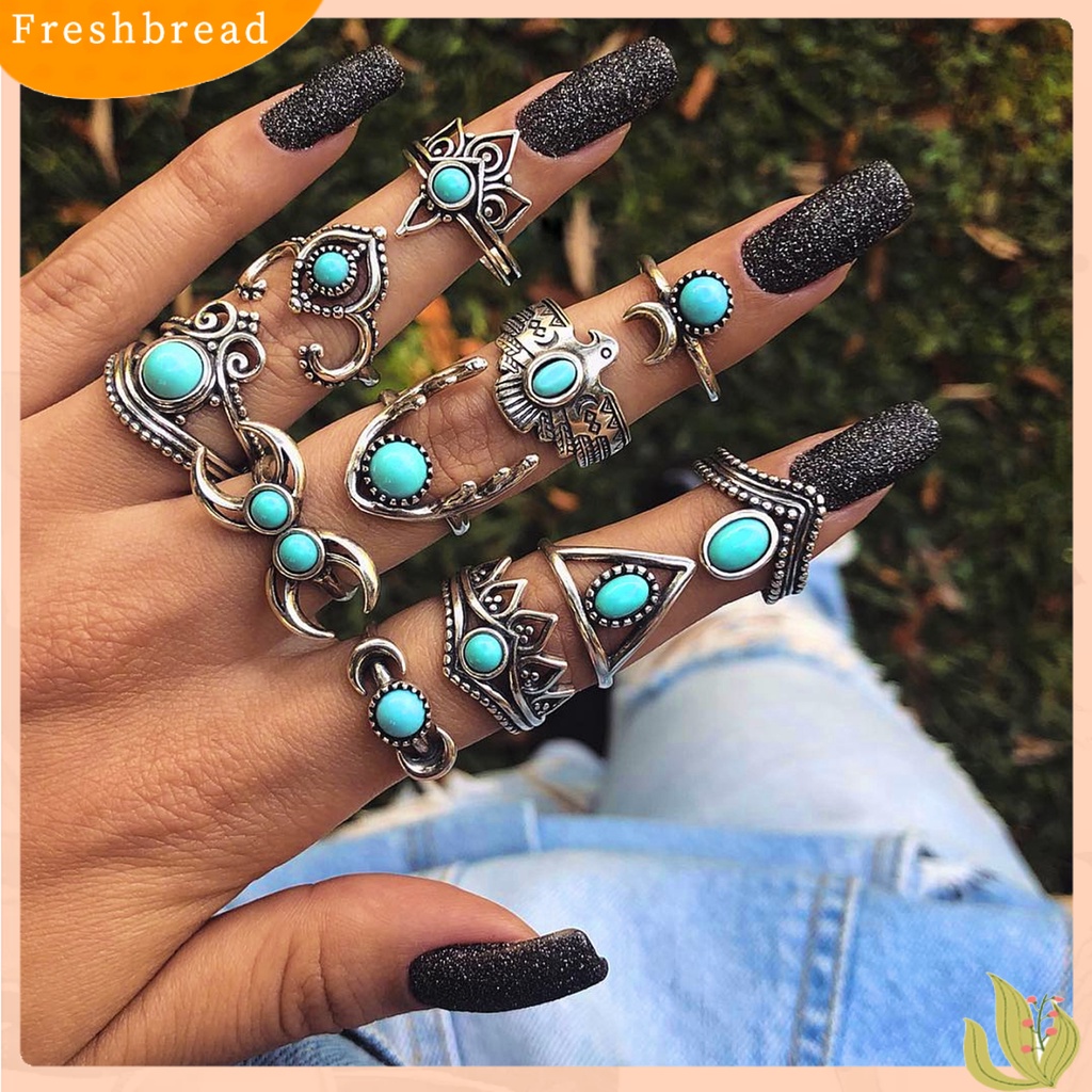 &lt; Freshbread &gt; 11 Pcs Berongga Bulu Stackable Knuckle Rings Gaya Etnik Bunga Permata Imitasi Jari Rings Perhiasan Aksesori