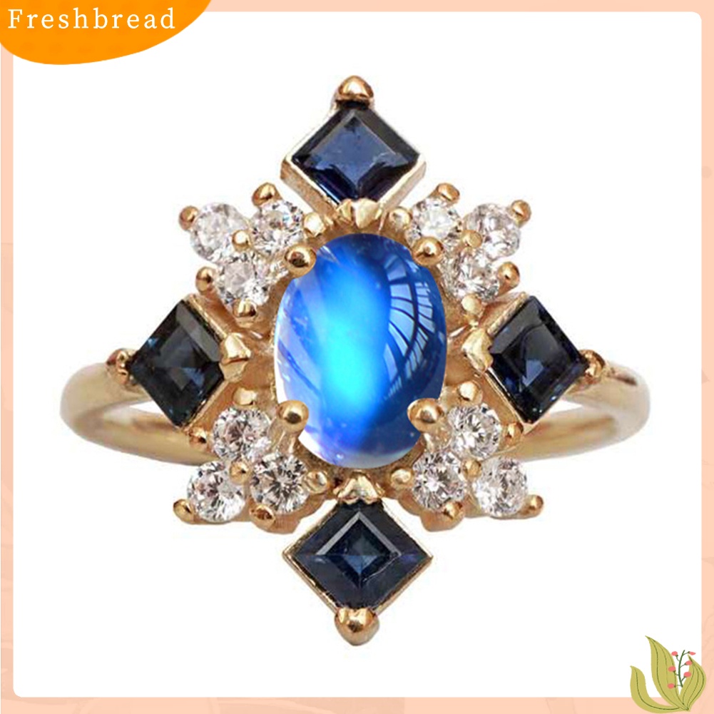 &lt; Freshbread &gt; Faux Moonstone Square Berlian Imitasi Wanita Jari Cincin Pesta Pertunangan Perhiasan Hadiah