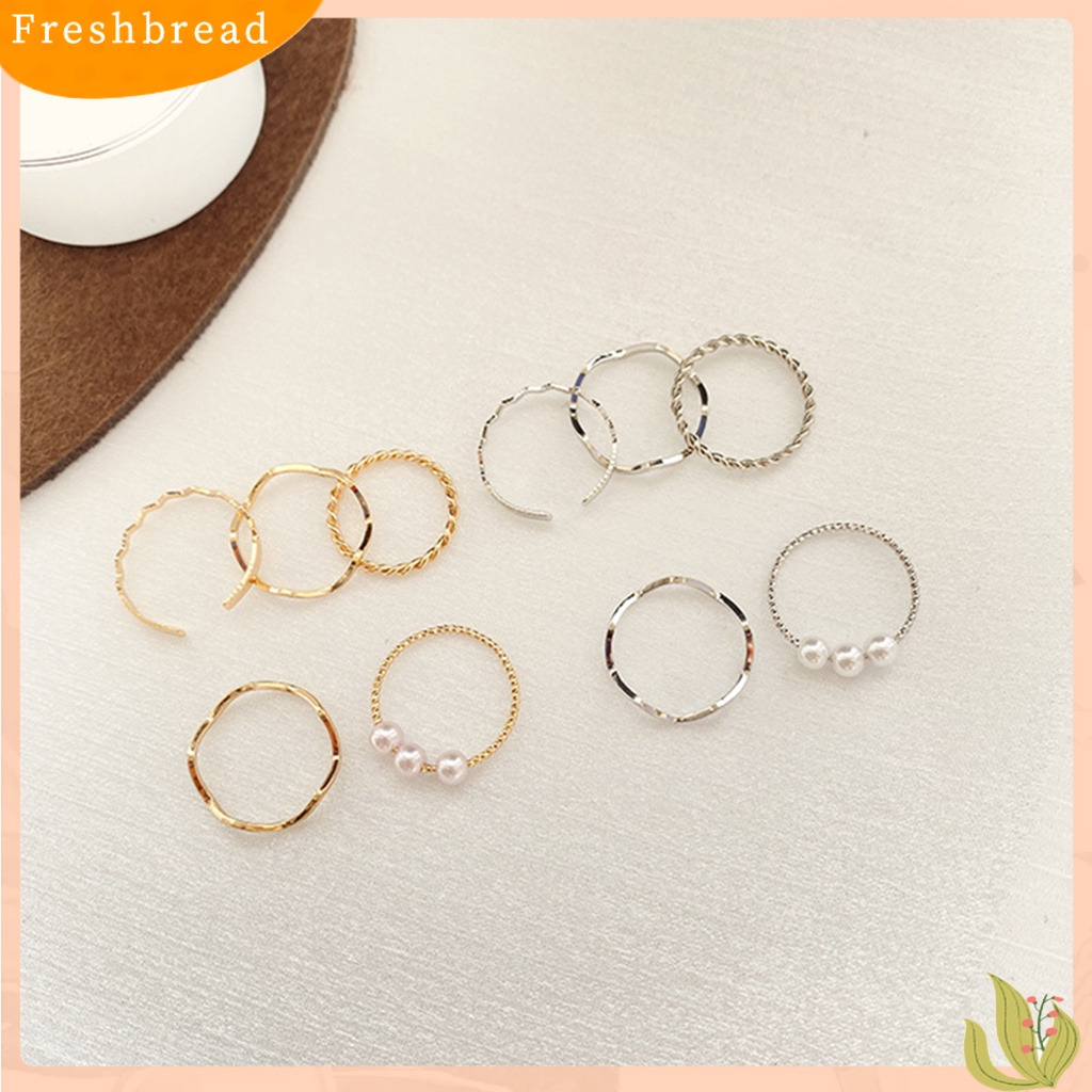 &lt; Freshbread &gt; 5Pcs Cincin Jari Bergelombang Gaya Jepang Korea Mutiara Imitasi Perhiasan Electroplating Stackable Rings Set Untuk Pesta Pernikahan Perjamuan Prom