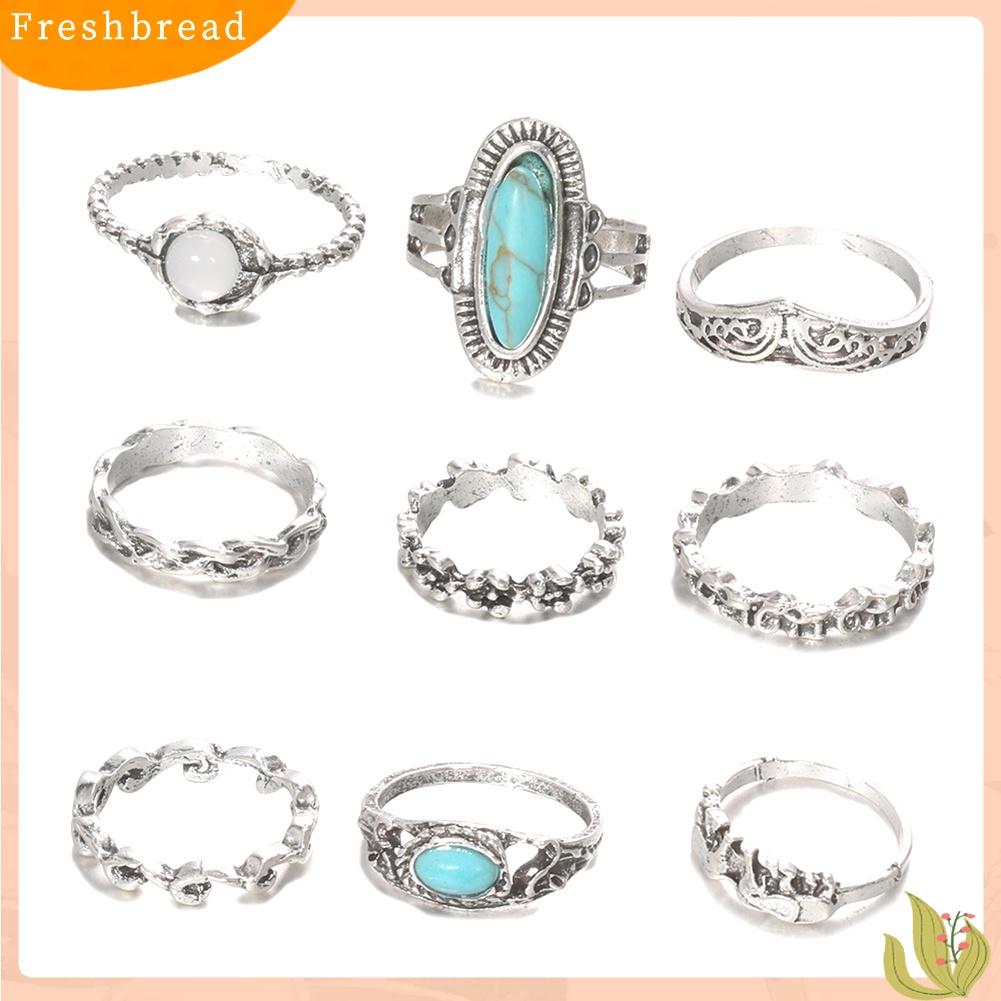 &lt; Freshbread &gt; 9Pcs/Set Wanita Retro Bohemian Faux Turquoise Hias Jari Cincin Perhiasan Hadiah