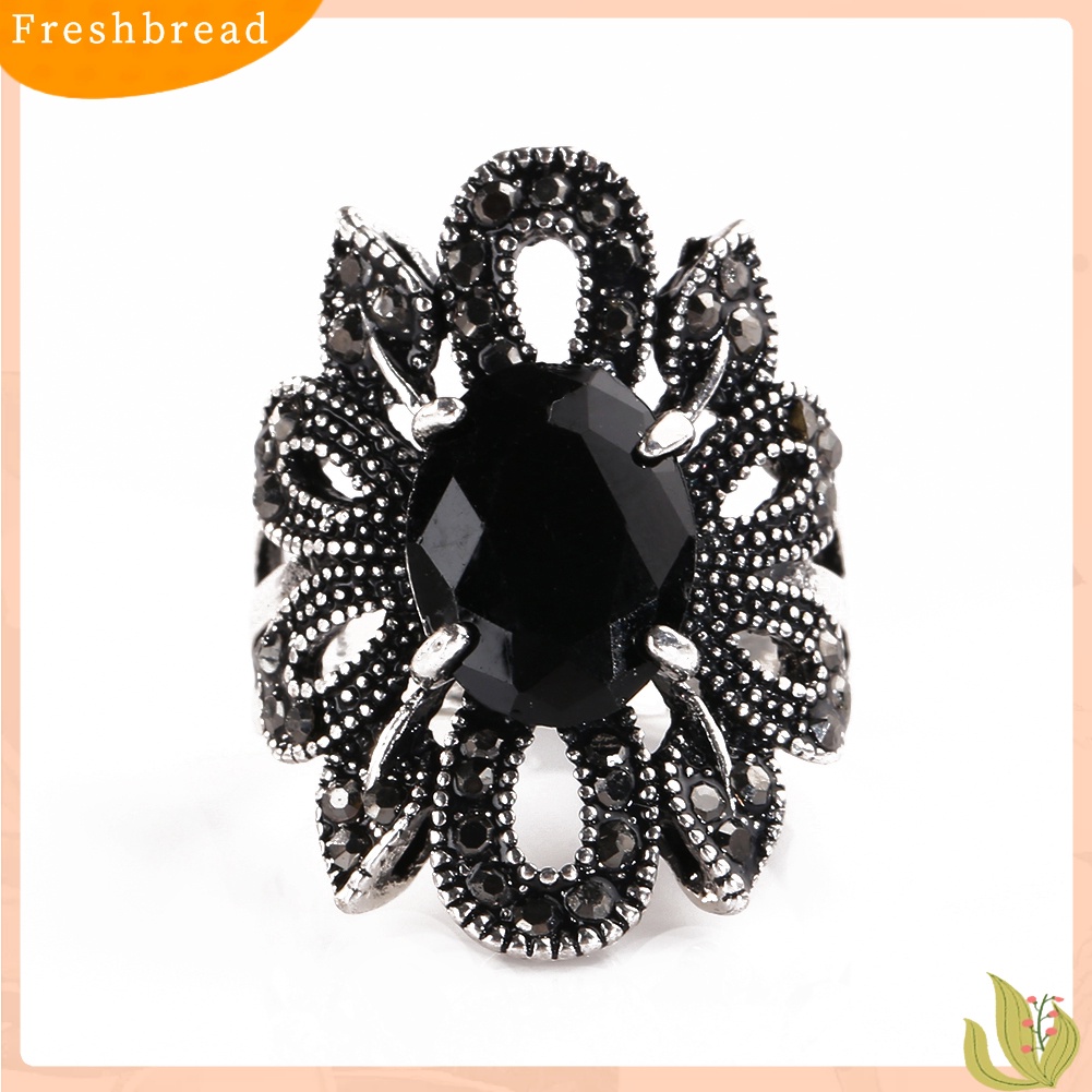 &lt; Freshbread &gt; Wanita Vintage Berongga Pola Bunga Cincin Berlapis Paduan Resin Jari Perhiasan Hadiah