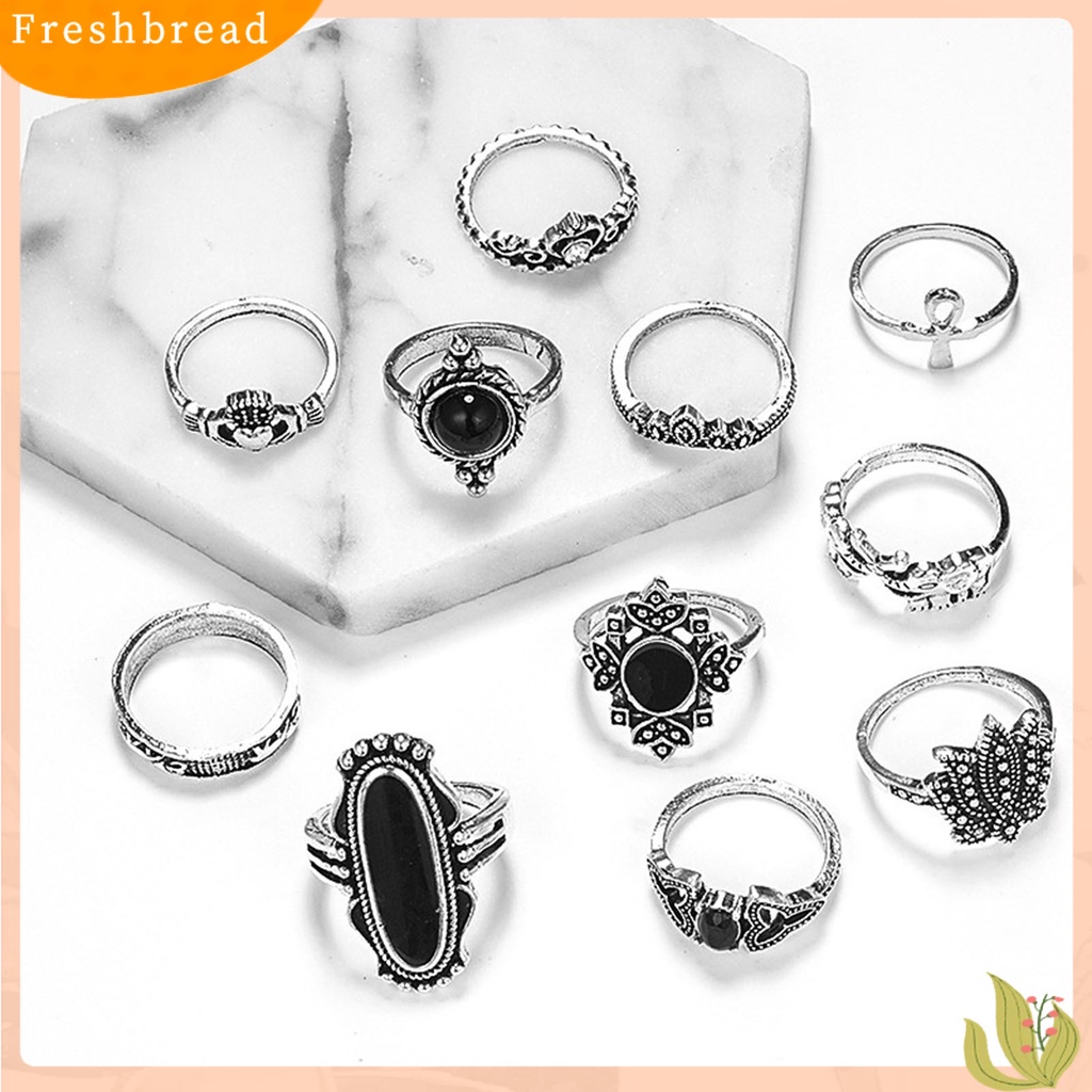 &lt; Freshbread &gt; 11Pcs/set Cincin Buku Jari Jantung Dapat Ditumpuk Paduan Bohemia Hitam Permata Imitasi Jari Rings Perhiasan Aksesori