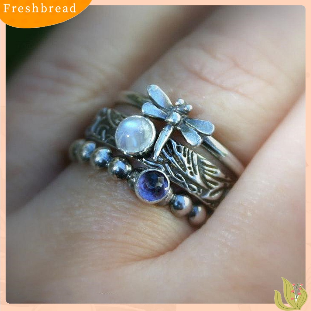 &lt; Freshbread &gt; 3Pcs/Set Cincin Bentuk Capung Imitasi Oval Permata Wanita Silver Mini Stackable Ring Sets Untuk Hadiah