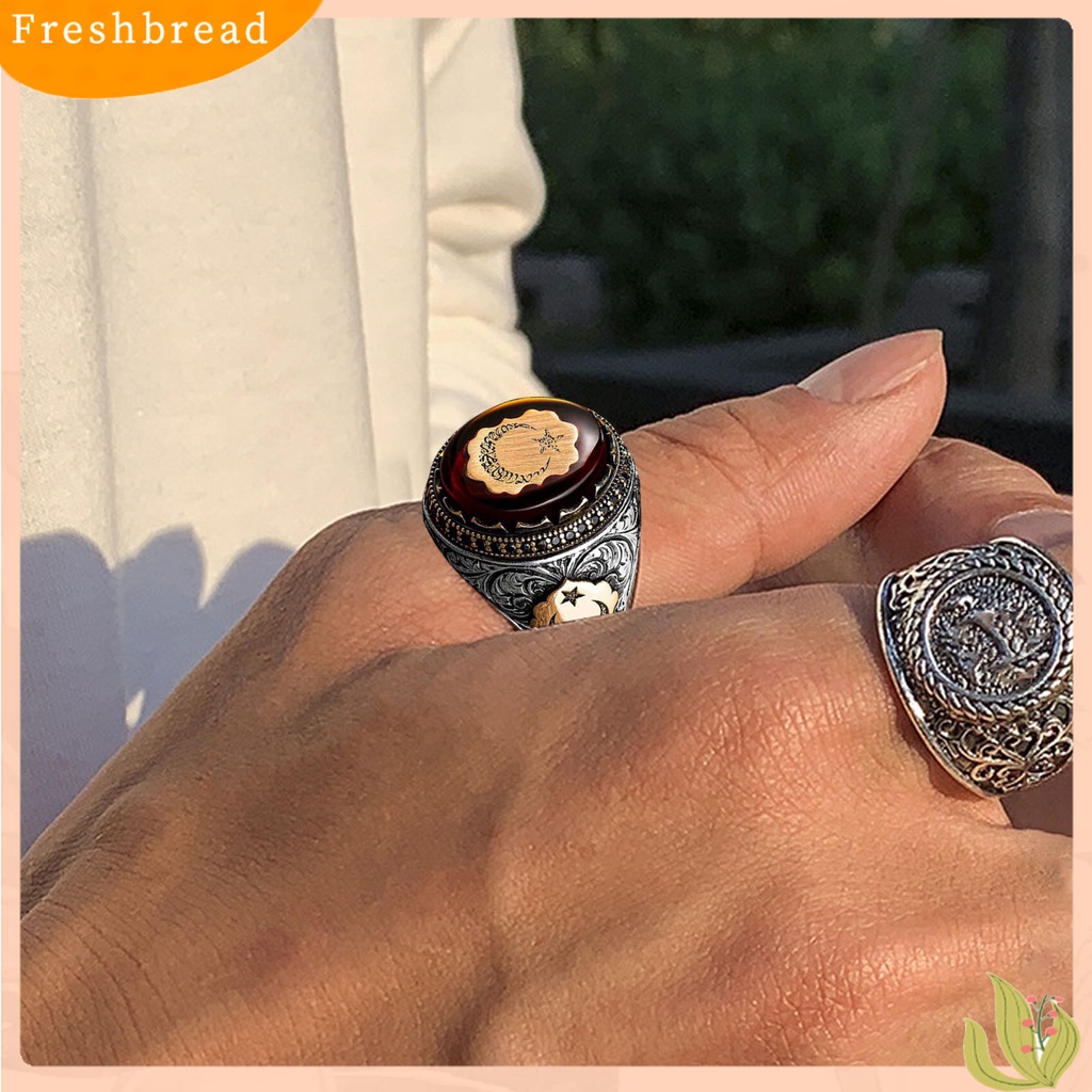 &lt; Freshbread &gt; Kepribadian Cincin Laki-Laki Pola Ukiran Tangan Buatan Tangan Berkilau Vintage Batu Merah Turki Signet Cincin Perhiasan Aksesori