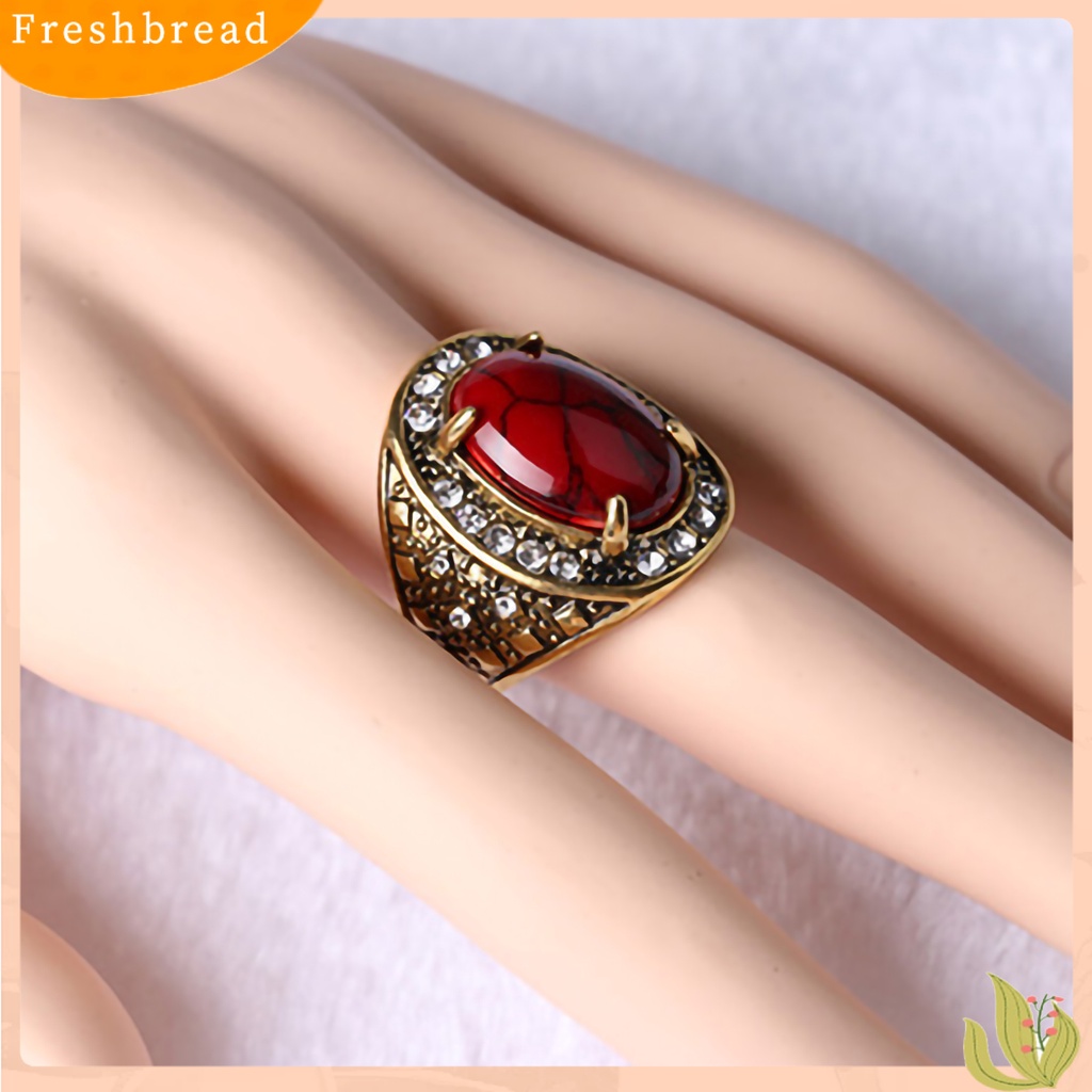 &lt; Freshbread &gt; Cincin Unisex Turquoise Hias Berlian Imitasi Retro Pria Wanita Perhiasan Cincin Untuk Pesta