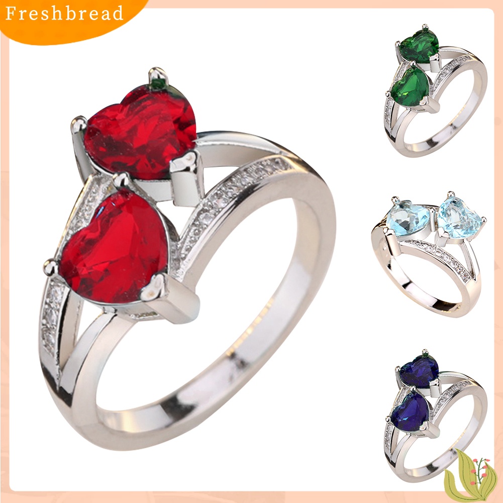 &lt; Freshbread &gt; Wanita Fashion Ganda Bentuk Hati Cubic Zirconia Hias Jari Cincin Perhiasan Hadiah