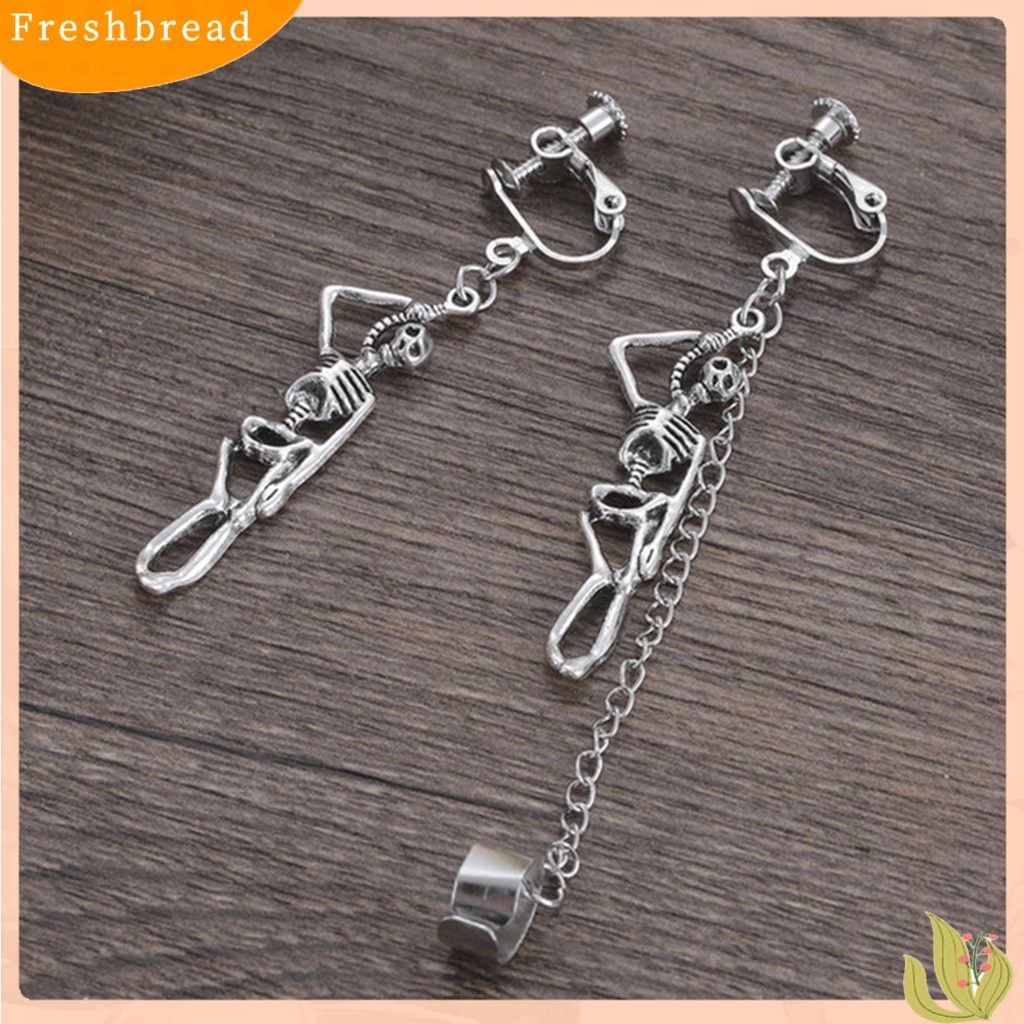 &lt; Freshbread &gt; 1pasang Ear Studs Skull Gothic Jewelry Anting Menjuntai Hip Hop Asimetris Untuk Halloween