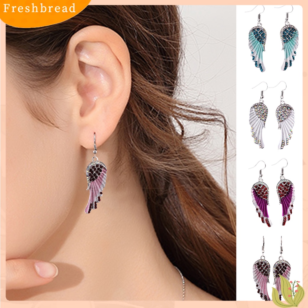 &lt; Freshbread &gt; 1pasang Anting Kait Berlian Imitasi Mengkilap Hias Bentuk Sayap Malaikat Simetris Drop Earrings Perhiasan Wanita